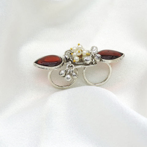 Oxidized silver red stone pearl double finger ring by joyrias
