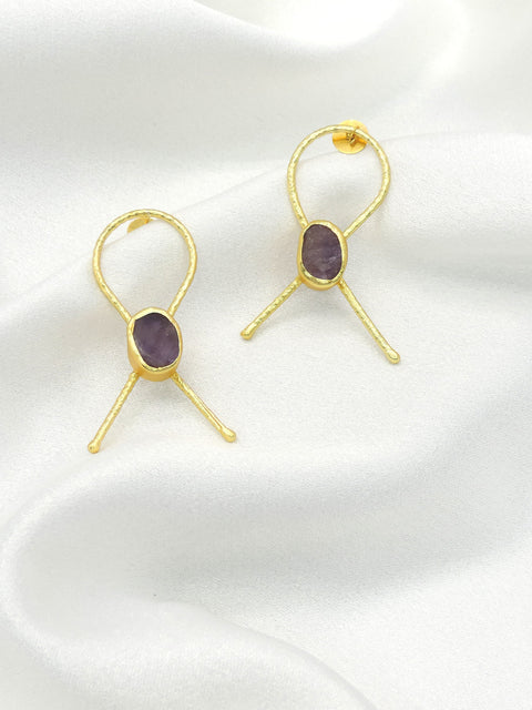 Raw Amethyst Geometric Drop Earrings in Gold | Minimal Statement Design
