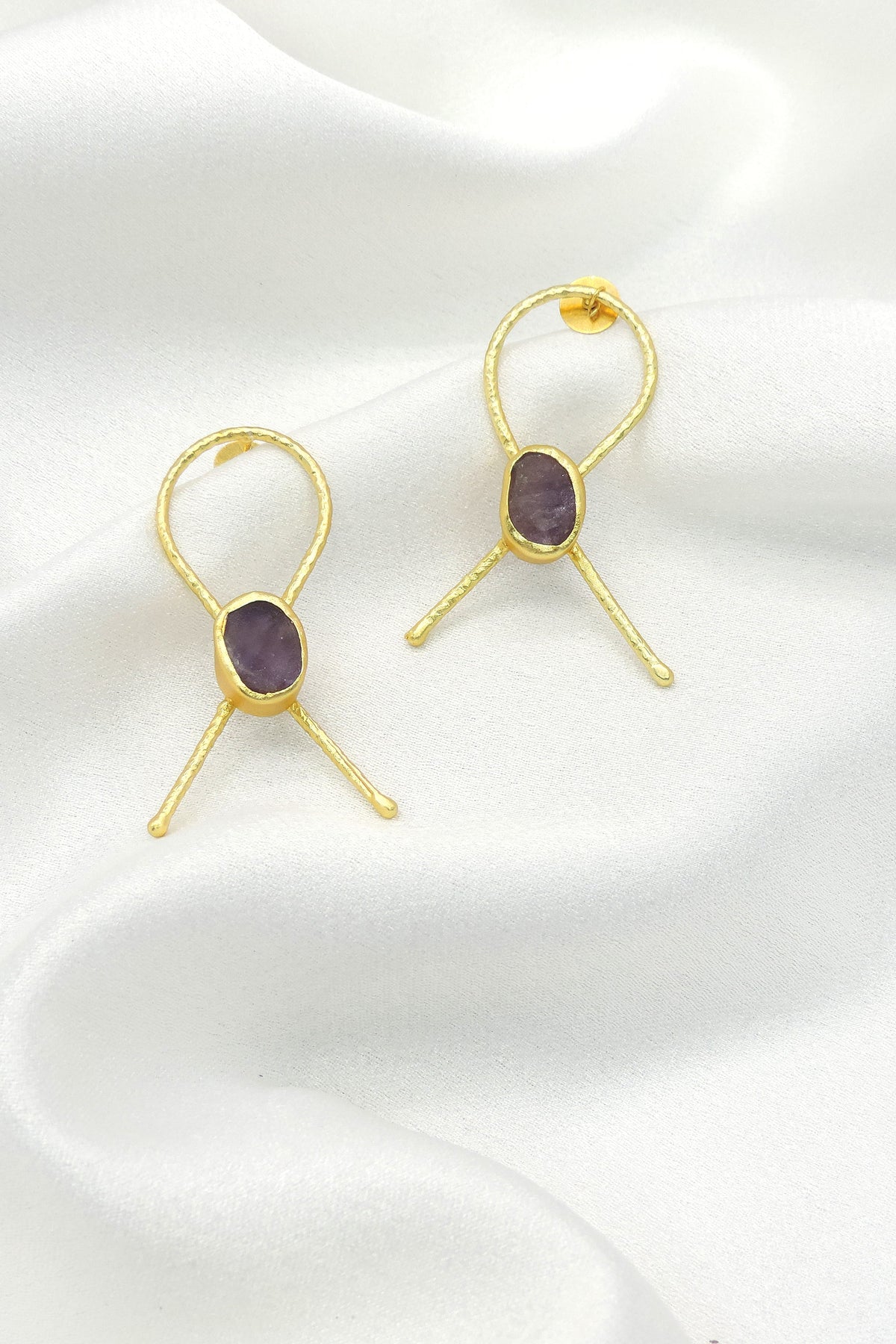 Raw Amethyst Geometric Drop Earrings in Gold | Minimal Statement Design