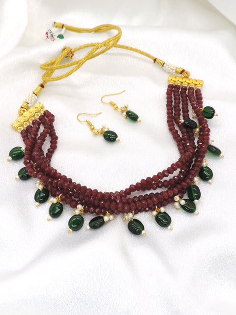 Midnight Blue Beaded Choker Necklace Set with Maroon Drops