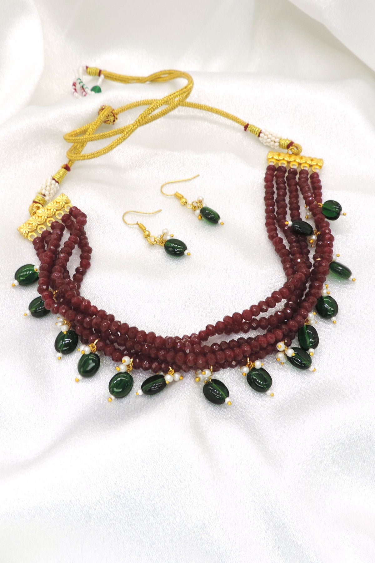 Midnight Blue Beaded Choker Necklace Set with Maroon Drops