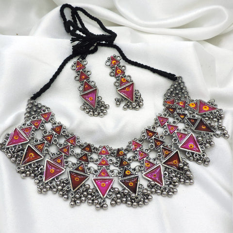 Oxidized Afghani multicolor triangle necklace set with matching earrings by Joyrias