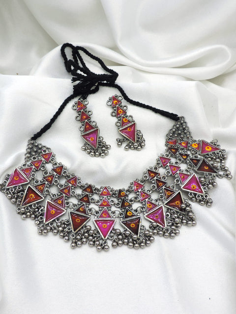 Oxidized Afghani multicolor triangle necklace set with matching earrings by Joyrias