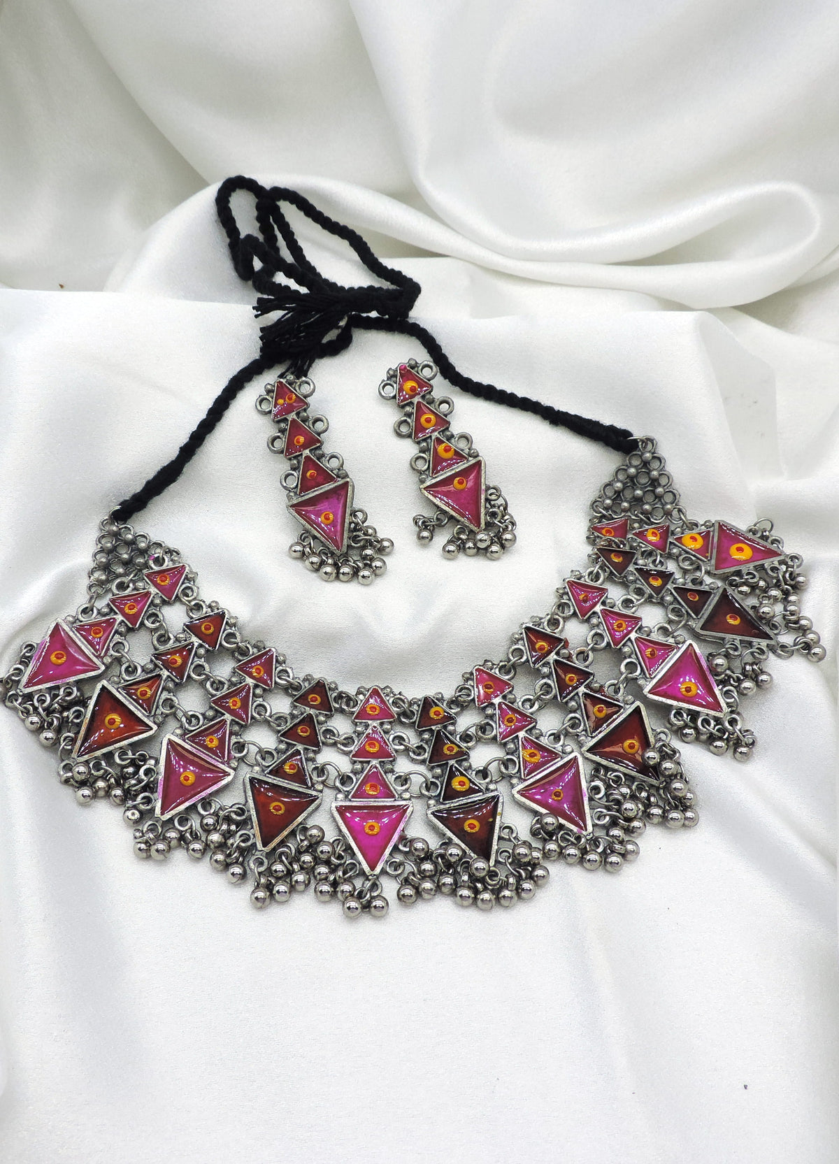 Oxidized Afghani multicolor triangle necklace set with matching earrings by Joyrias