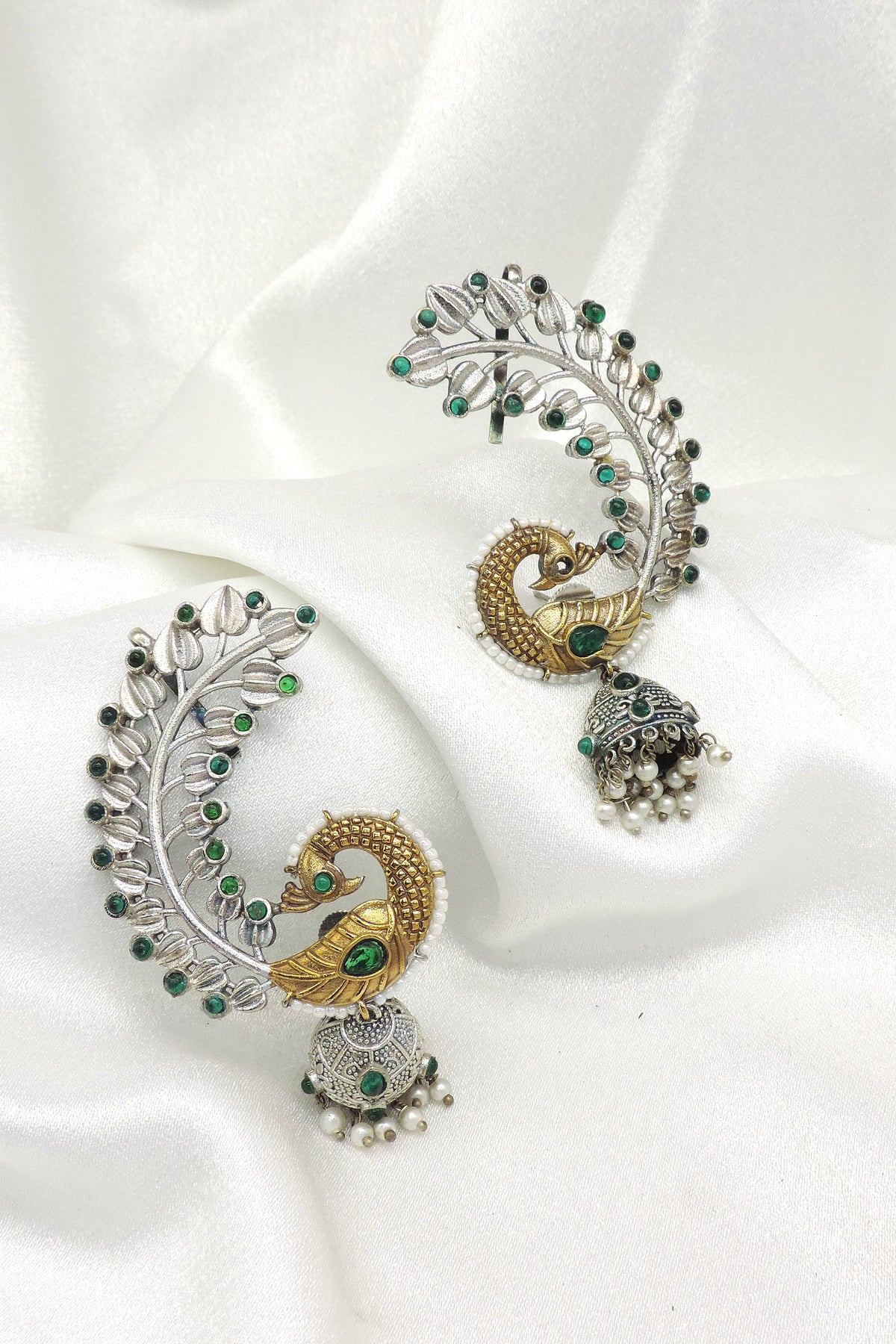 Peacock Jhumka Ear Cuff Earrings on Oxidized