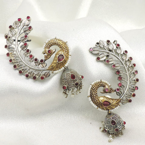 Peacock Jhumka Ear Cuff Earrings by Joyrias
