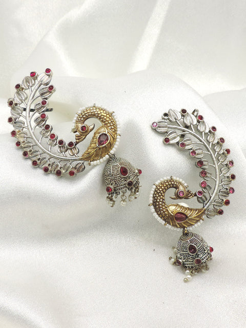 Peacock Jhumka Ear Cuff Earrings by Joyrias