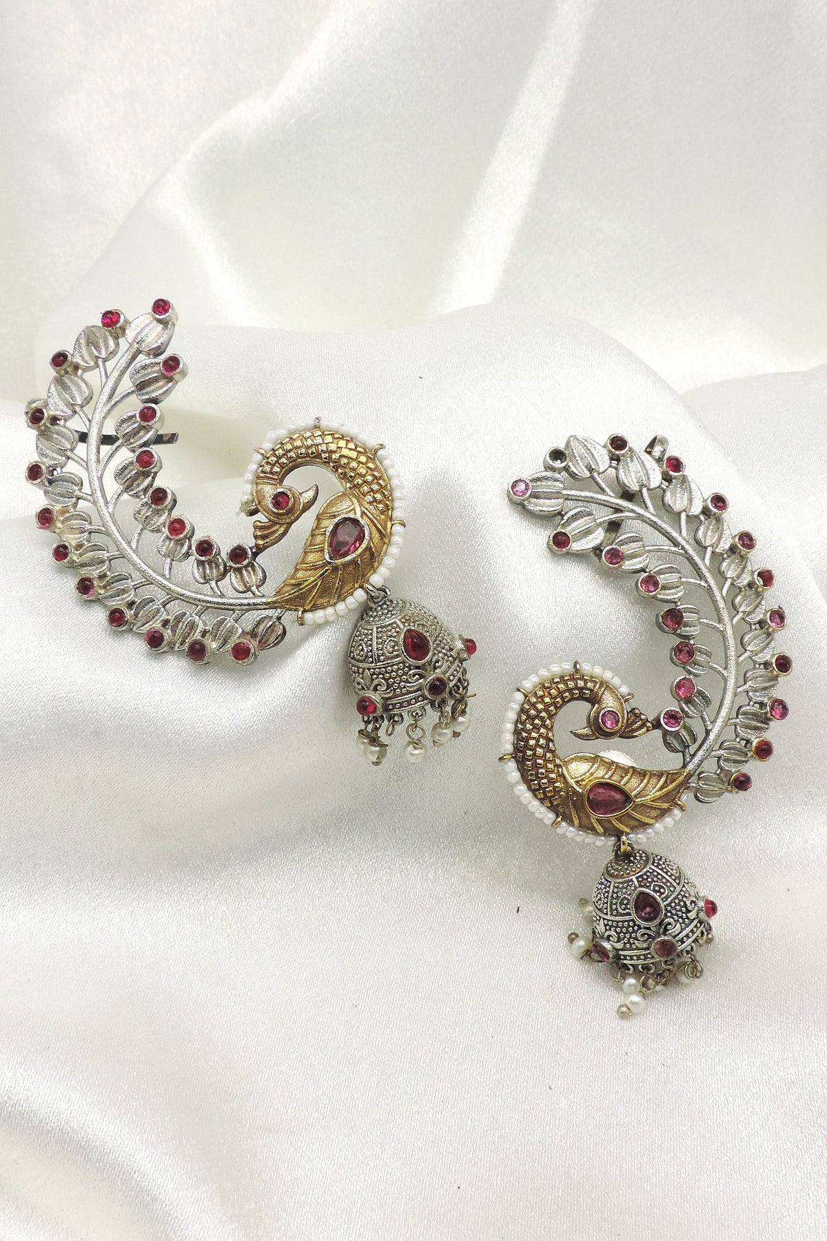 Peacock Jhumka Ear Cuff Earrings by Joyrias