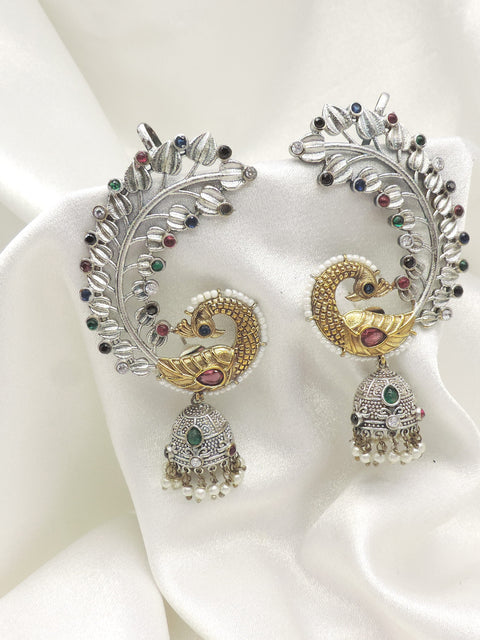 Peacock Jhumka Ear Cuff Earrings on Oxidized
