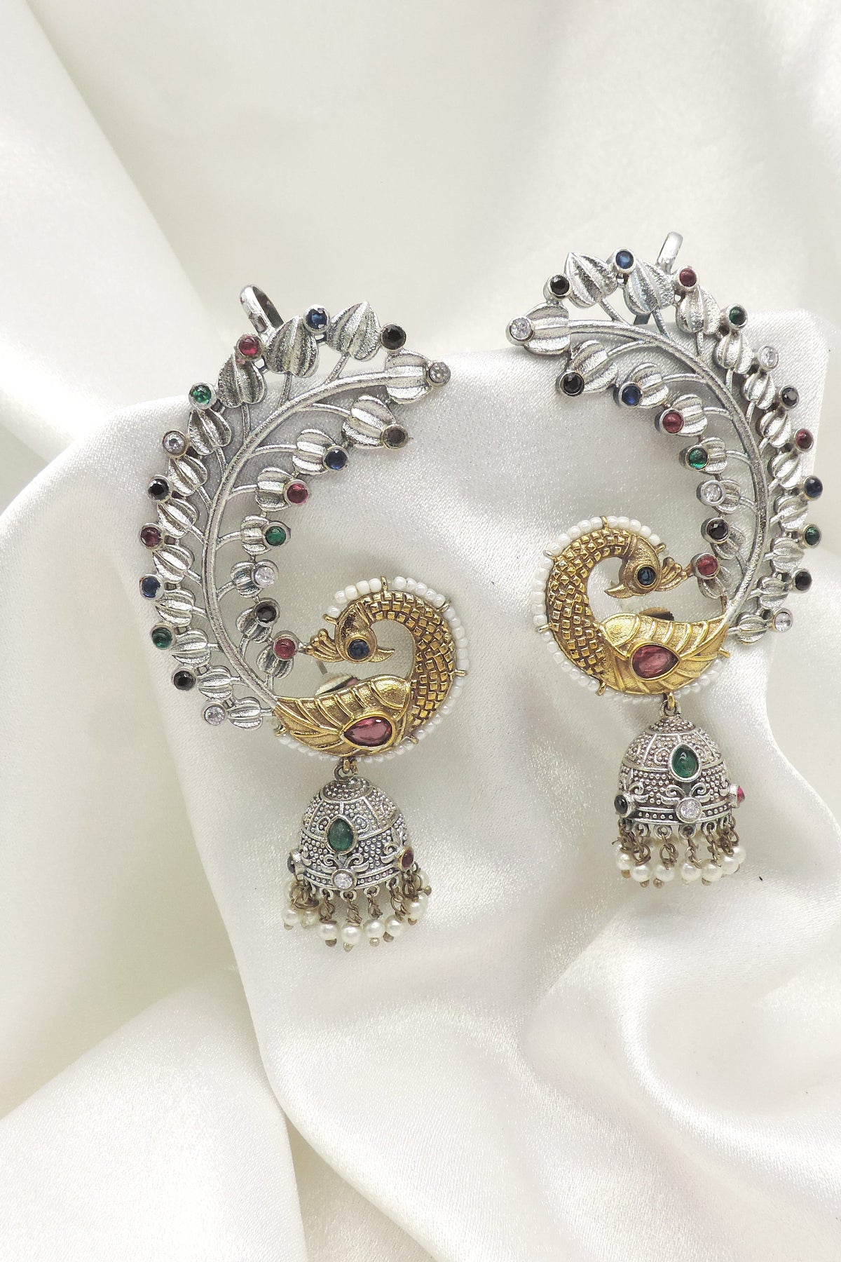 Peacock Jhumka Ear Cuff Earrings on Oxidized