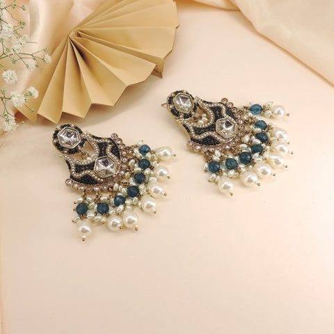 Black Kundan Chandbali Earrings with Blue Beads & Pearls Image 0