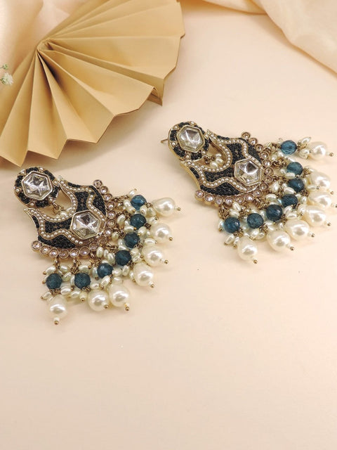 Black Kundan chandbali earrings with blue beads and pearls – Indian ethnic earrings USA – Joyrias