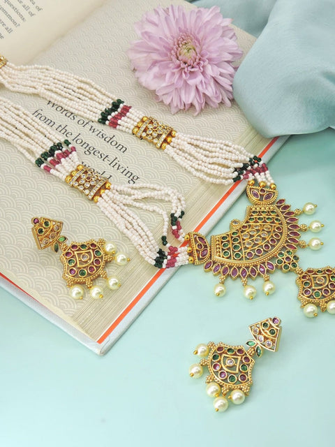 Traditional peacock pearl mala necklace set with jhumka earrings – Indian temple jewelry USA – Joyrias