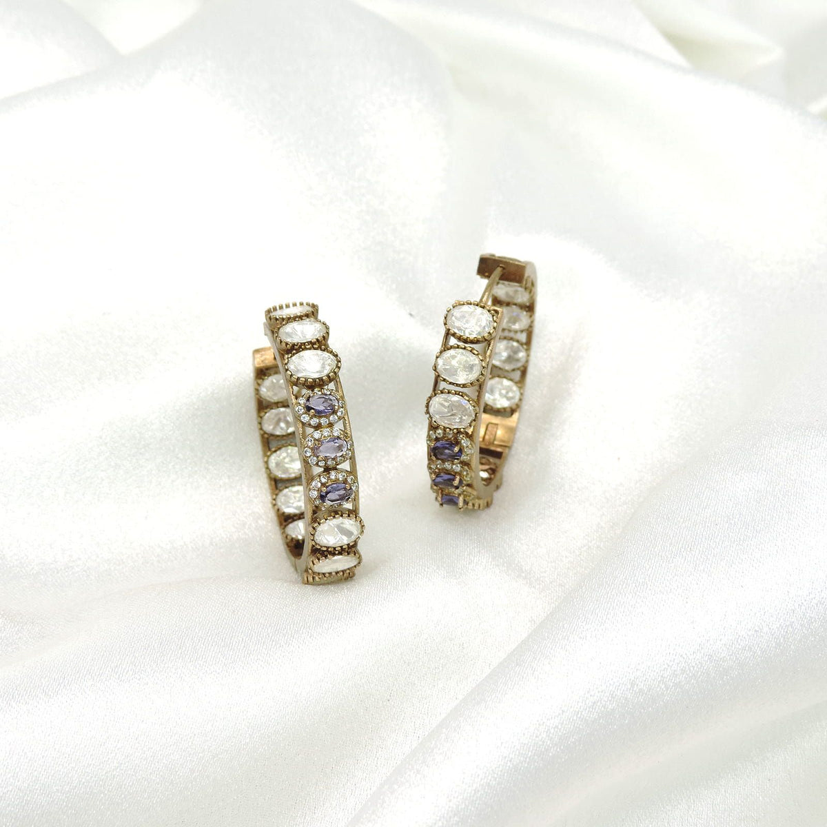 Gold Hoop Earrings with Light Purple Stones & Moissanite Accents