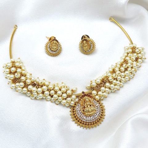 Temple Lakshmi pearl choker necklace set with matching earrings by joyrias