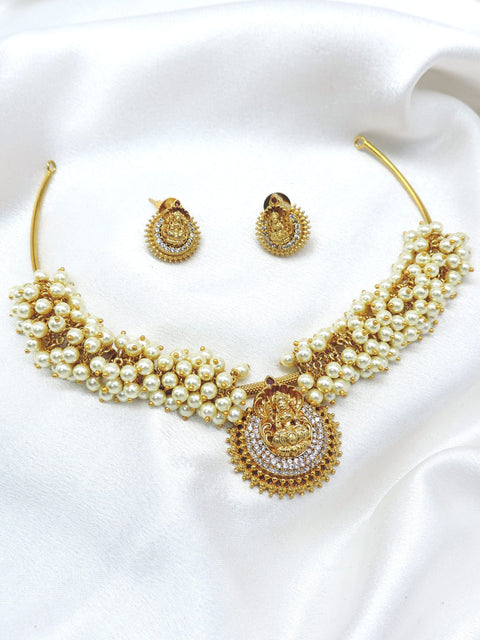 Temple Lakshmi pearl choker necklace set with matching earrings by joyrias