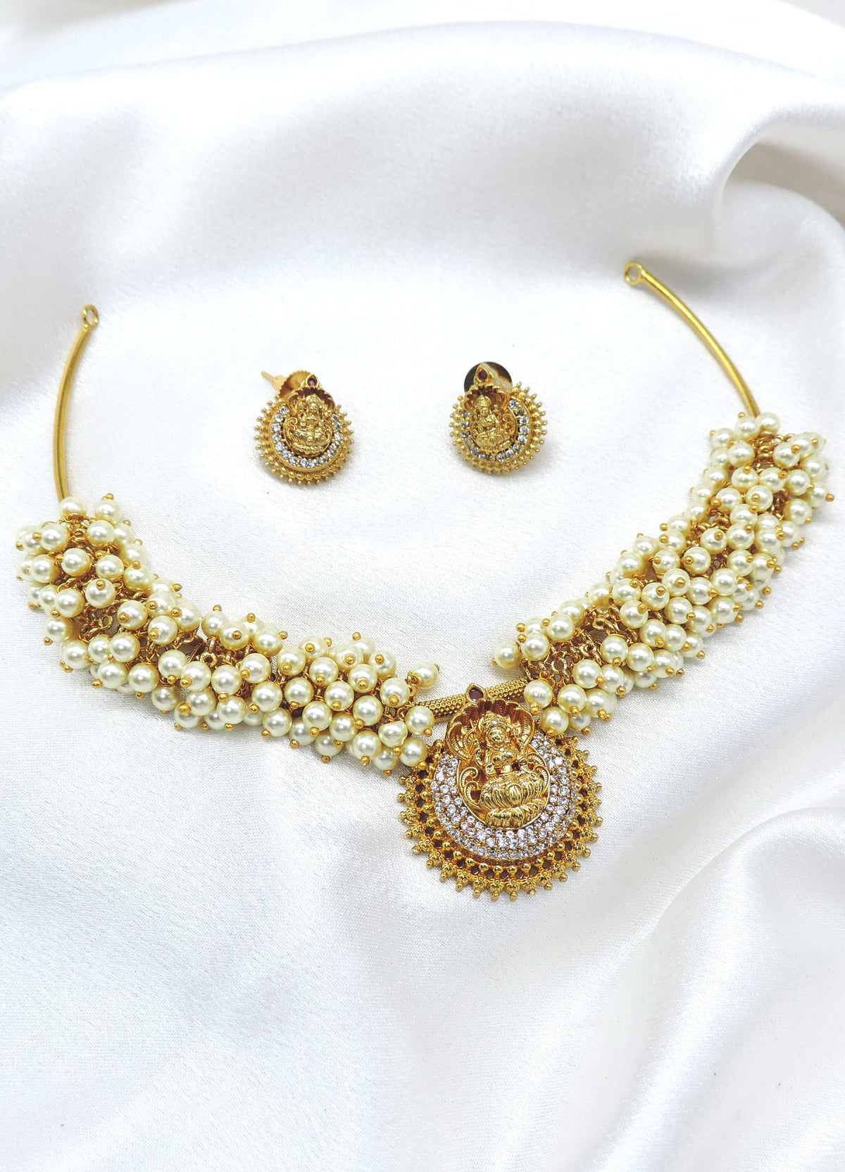 Temple Lakshmi pearl choker necklace set with matching earrings by joyrias