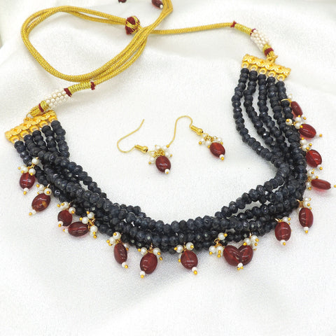 Midnight Blue Beaded Choker Necklace Set with Maroon Drops | Handmade Traditional Jewelry