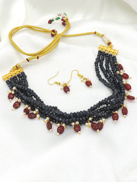 Midnight Blue Beaded Choker Necklace Set with Maroon Drops | Handmade Traditional Jewelry