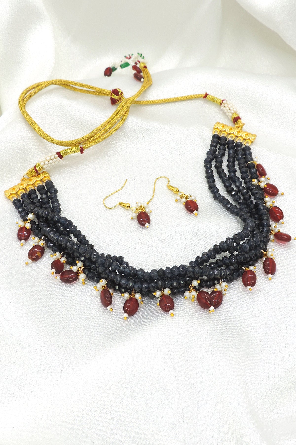 Midnight Blue Beaded Choker Necklace Set with Maroon Drops | Handmade Traditional Jewelry