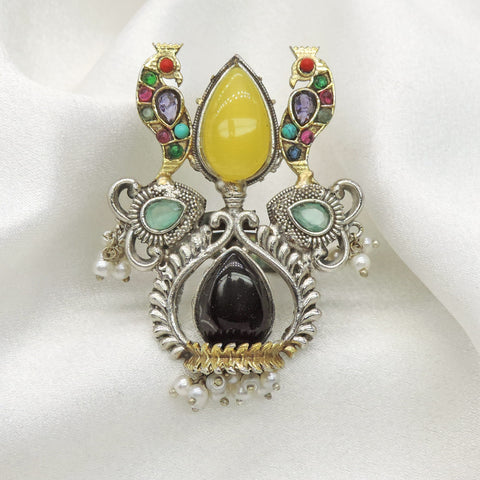 Oxidized multicolor peacock ring with vibrant stones and pearl accents from joyrias
