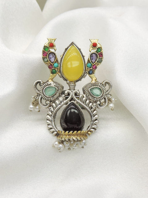Oxidized multicolor peacock ring with vibrant stones and pearl accents from joyrias