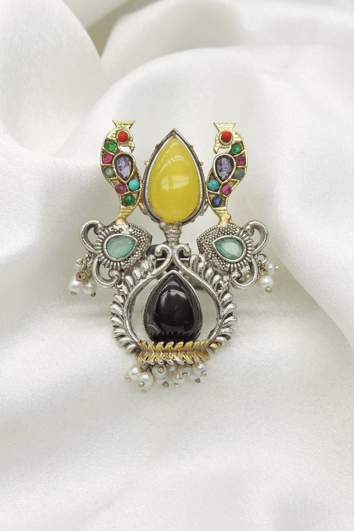 Oxidized multicolor peacock ring with vibrant stones and pearl accents from joyrias