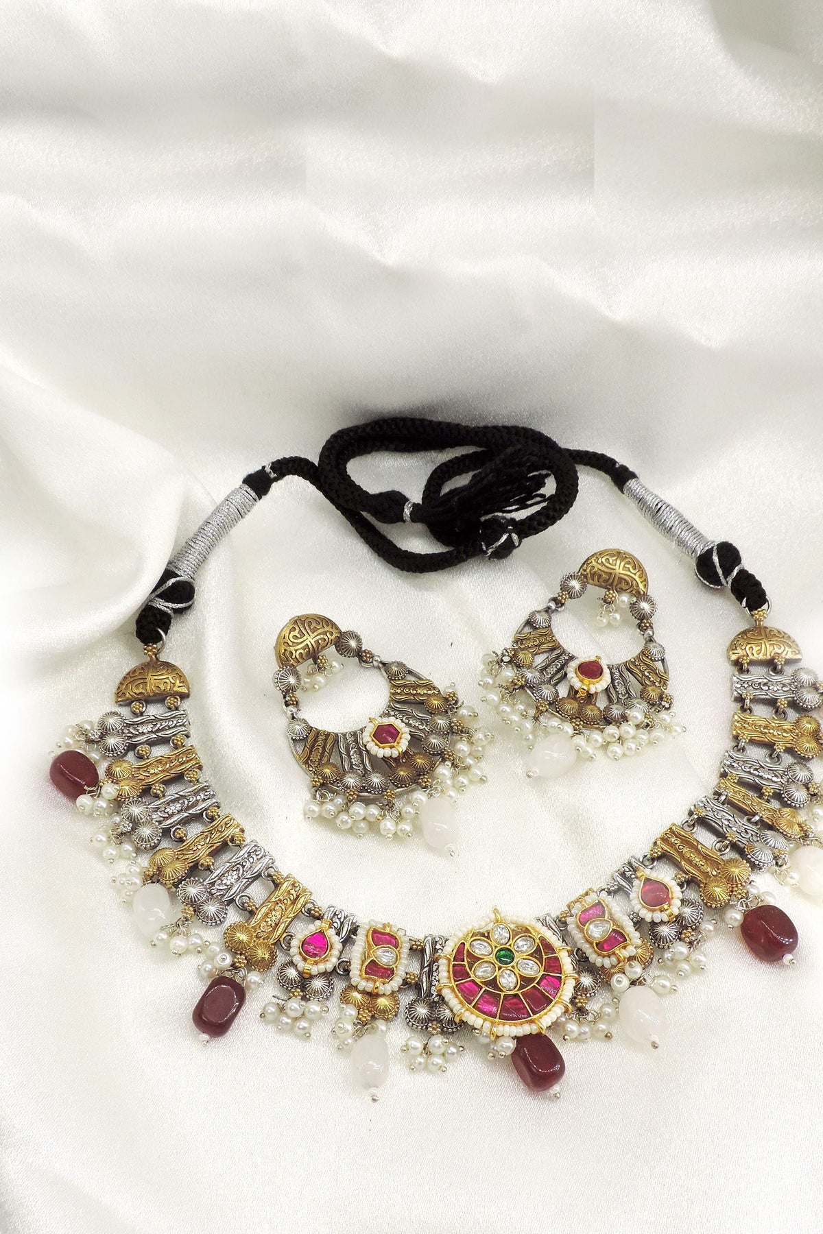 Heritage Ruby Oxidized Choker Set with Earrings by Joyrias