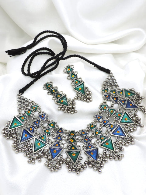 Oxidized Afghani Multicolor Triangle Necklace Set