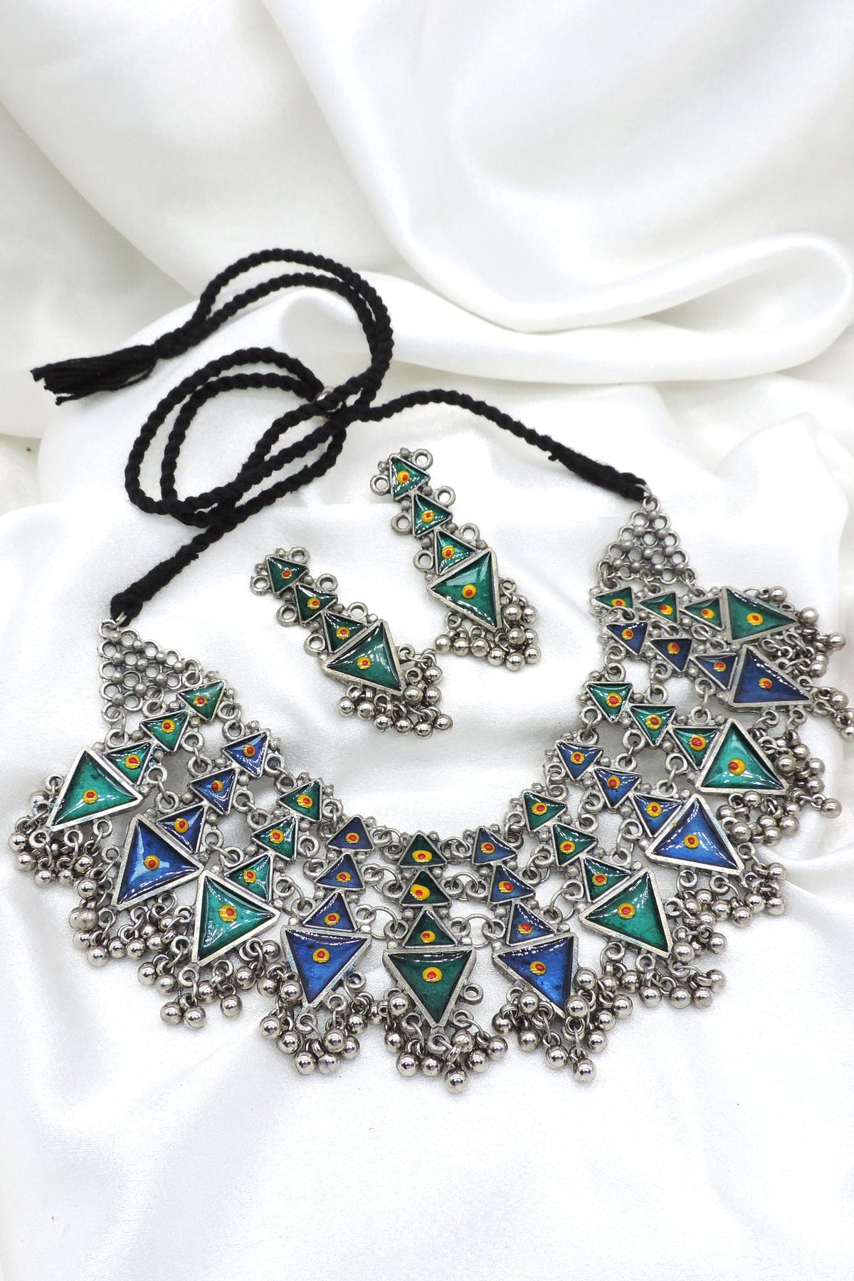 Oxidized Afghani Multicolor Triangle Necklace Set
