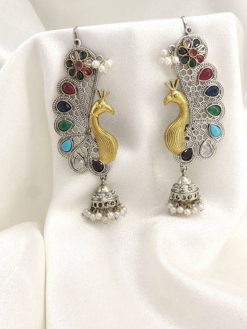 Multicolor Peacock Jhumka Earrings by Joyrias