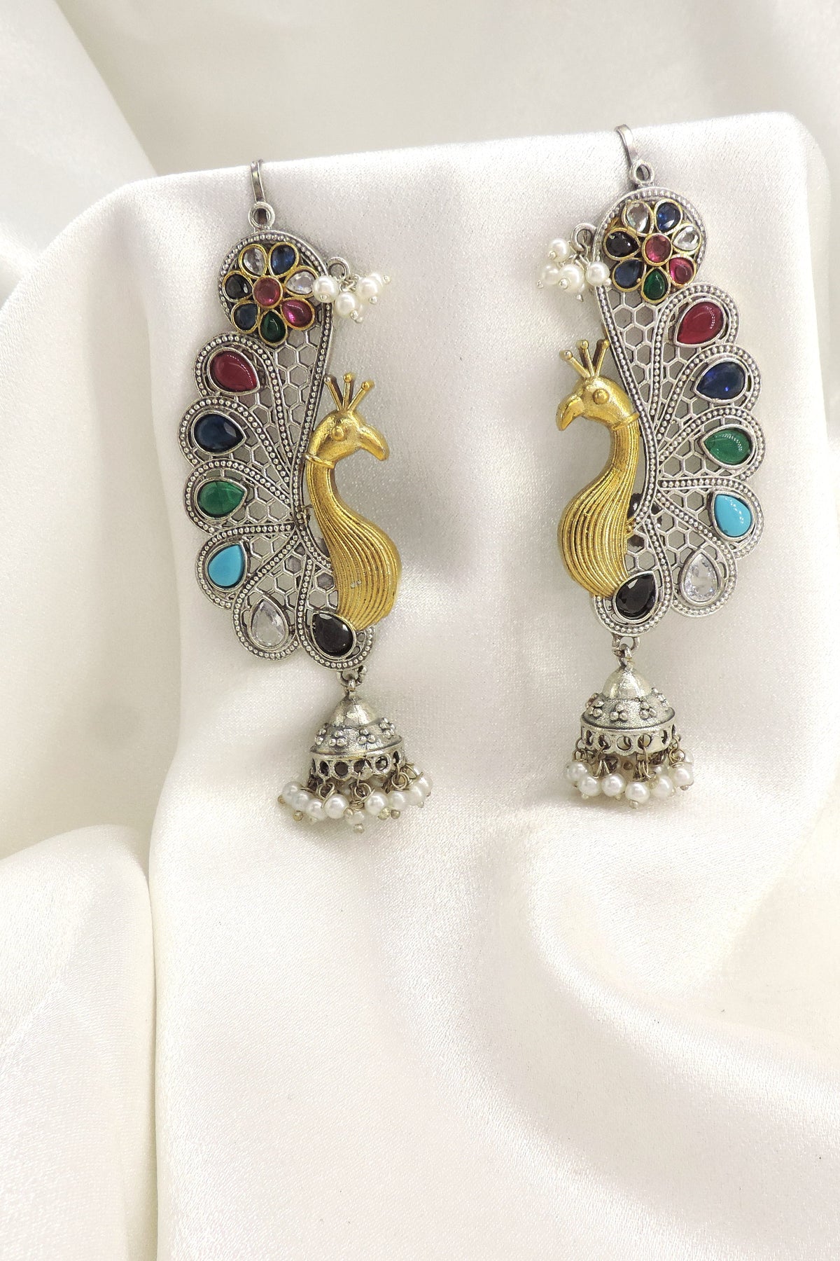 Multicolor Peacock Jhumka Earrings by Joyrias