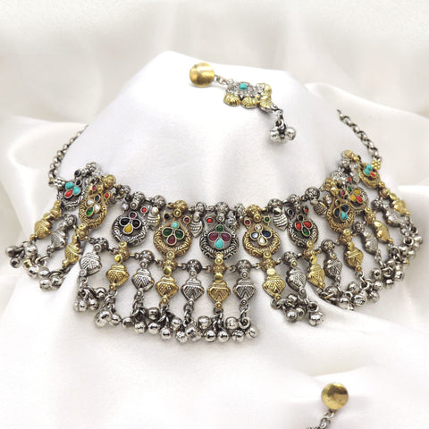 Oxidized dual-tone multicolor pearl choker set with matching earrings by joyrias