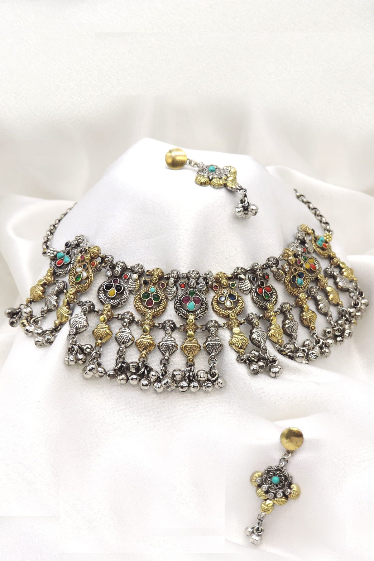 Oxidized dual-tone multicolor pearl choker set with matching earrings by joyrias