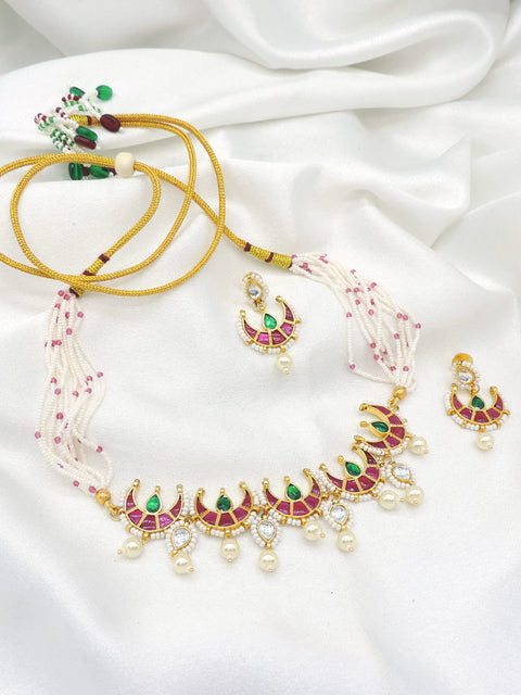 Green Kundan Crescent Pearl Choker Set