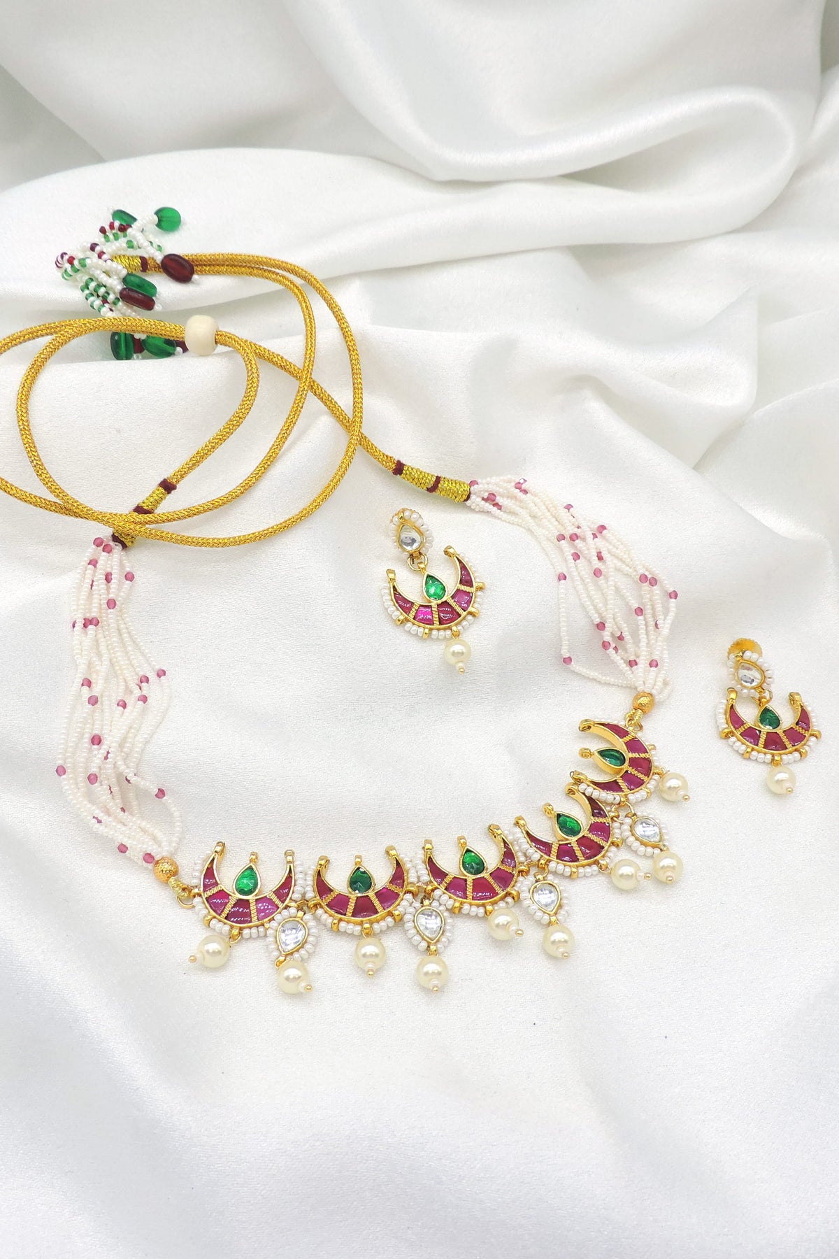 Green Kundan Crescent Pearl Choker Set