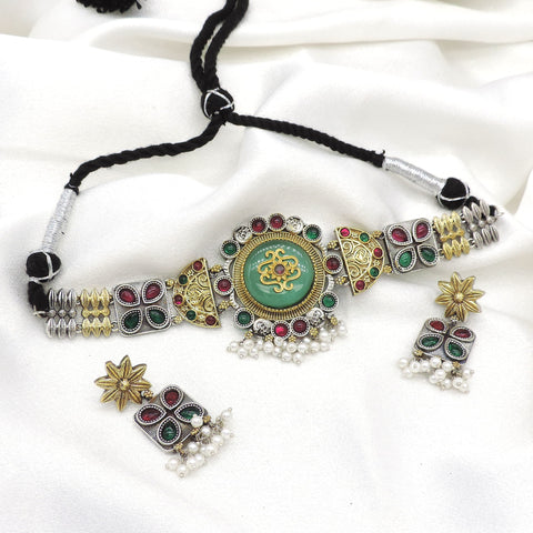 Oxidized multicolor kundan pearl choker set with matching earrings by Joyrias