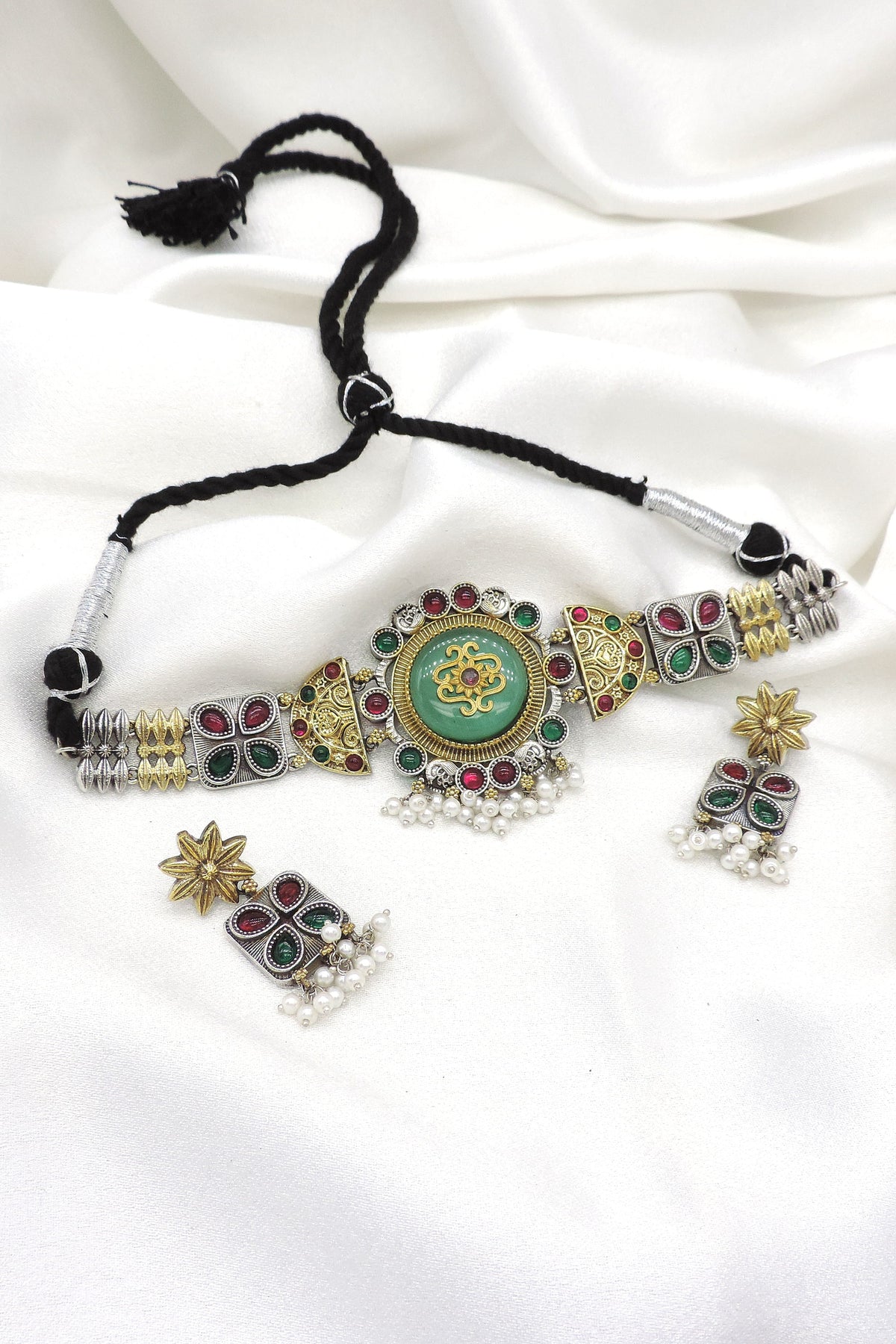 Oxidized multicolor kundan pearl choker set with matching earrings by Joyrias