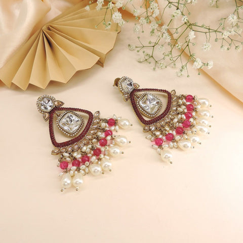 Gold-Plated Kundan Chandbali Earrings with Ruby Red Beads & Pearls | Bridal & Festive Indian Jewelry Image 0