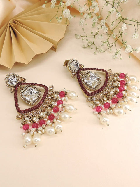 Gold plated Kundan chandbali earrings with ruby red beads and pearls – Indian bridal jewelry USA – Joyrias