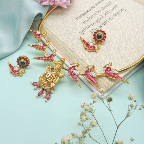 Temple Jewelry Lord Venkateswara Necklace Set with Parrot Motif Image 0