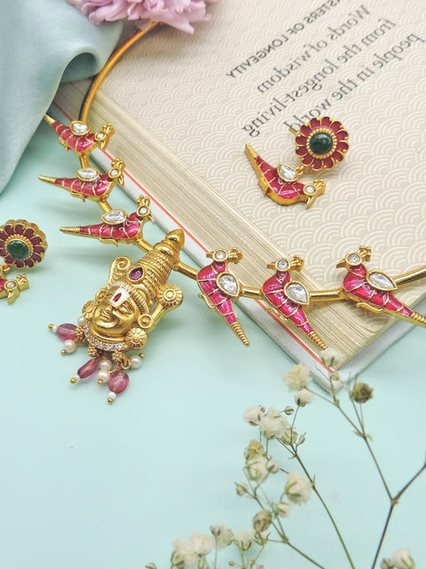 Temple jewelry Lord Venkateswara necklace set with parrot motif – South Indian temple jewelry USA – Joyrias