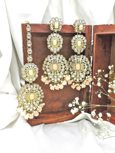 Gold tone Kundan maang tikka set in peach – Indian peach tikka for weddings USA – Joyrias