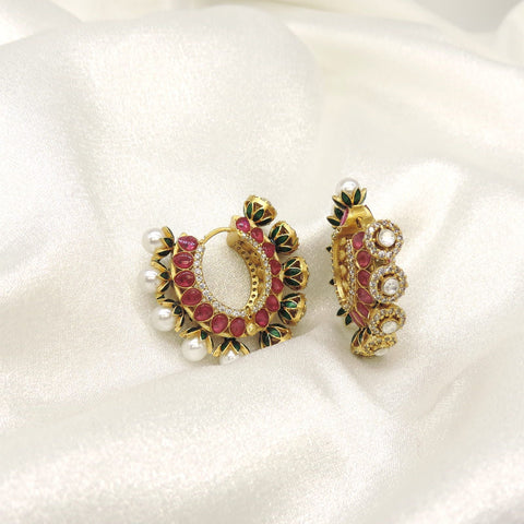Antique Kundan Hoop Earrings with Red Stones, Green Enamel & Pearl Drops