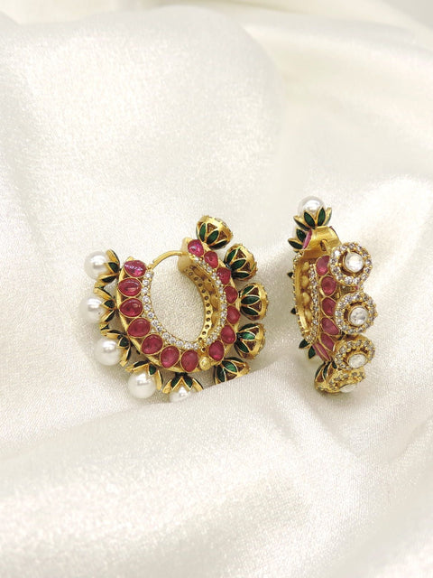 Antique Kundan Hoop Earrings with Red Stones, Green Enamel & Pearl Drops