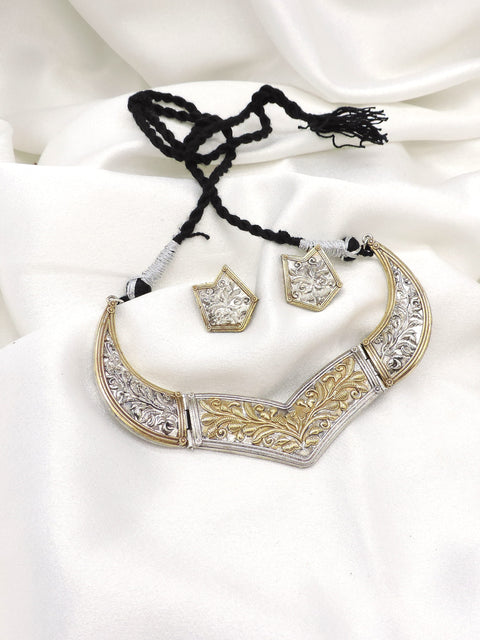 Oxidized Dual-Tone Floral Carved Necklace Set with Matching Earrings