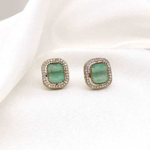 Graceful green stone rectangular stud earrings with gold-toned detailing by joyrias