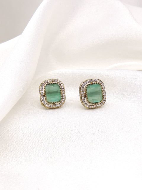 Graceful green stone rectangular stud earrings with gold-toned detailing by joyrias