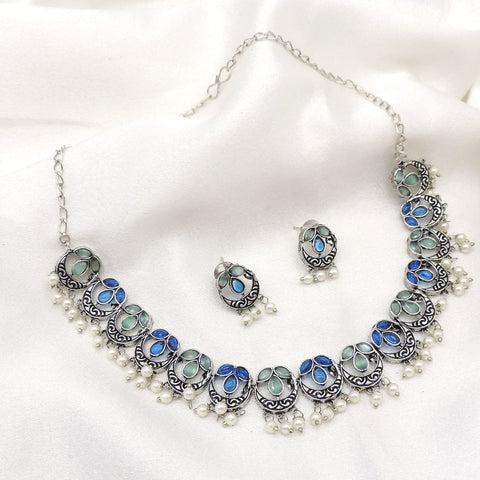 Oxidized Multicolor Pearl Floral Necklace Set