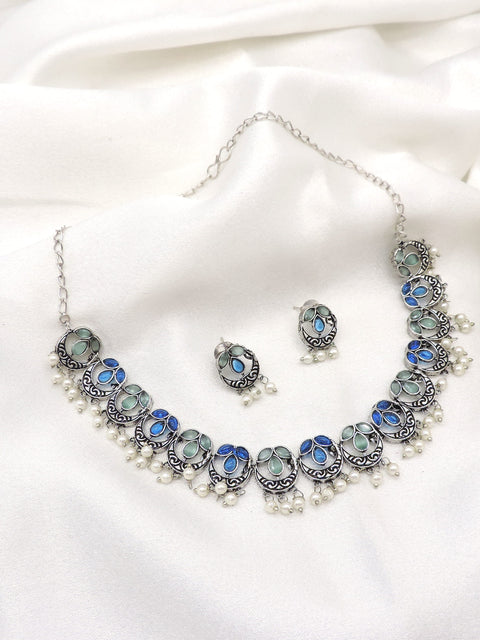 Oxidized Multicolor Pearl Floral Necklace Set